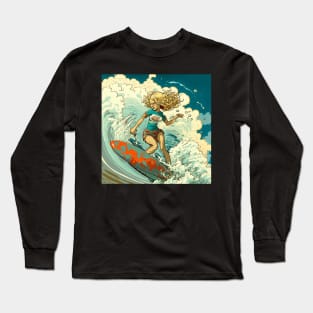 Extreme woman catching a wave on her surf board. Long Sleeve T-Shirt